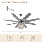 DC6504-BellaDepot 65" 8 Wooden Blades Silver Finish Crystal Reversible Ceiling Fan with Remote and 3 Lights, Large Size 6-speed Ceiling Fan