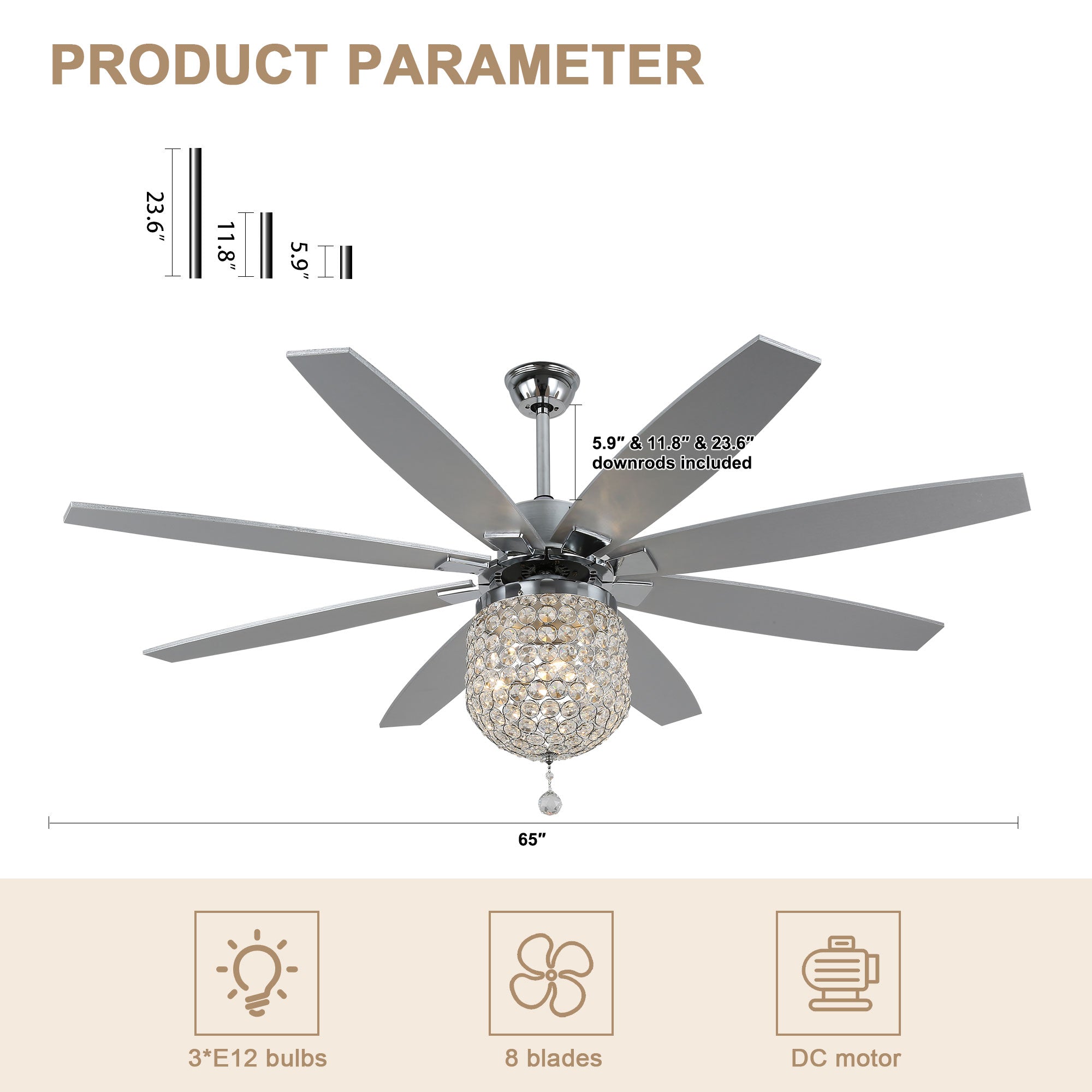 DC6504-BellaDepot 65" 8 Wooden Blades Silver Finish Crystal Reversible Ceiling Fan with Remote and 3 Lights, Large Size 6-speed Ceiling Fan