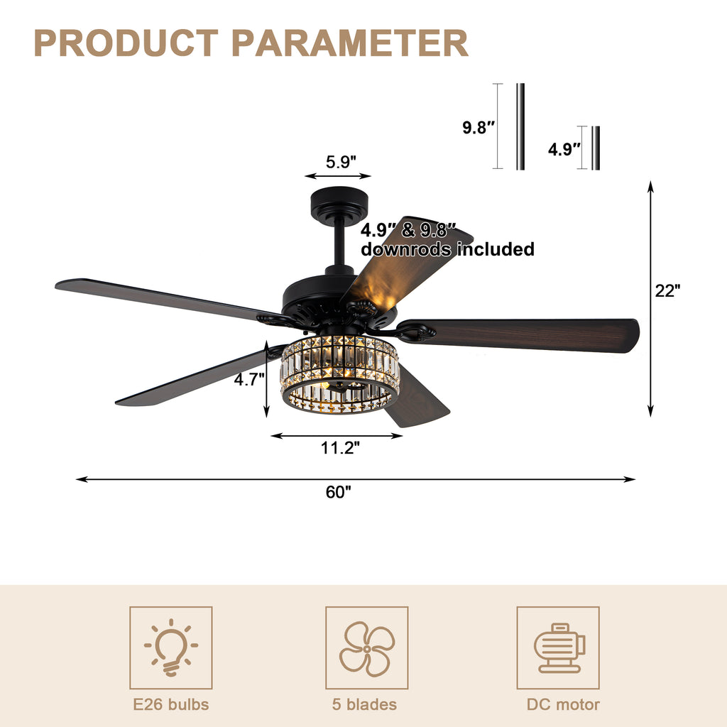 Luxury 60 Inch Crystal Caged Ceiling Fan with Light Reversible Quiet DC Motor and Remote Control Ceiling Fan Wood Blades Ceiling Fan Suit for Bedroom, Living Room, Kitchen