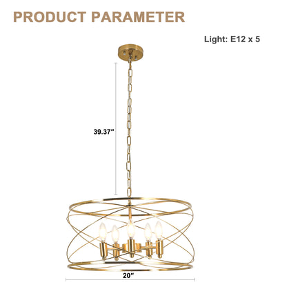 FC4089-Golden Modern Urban Linear Metal Caged Chandelier, Geometric Pendant Light, with Light Kit and Adjustable Chain