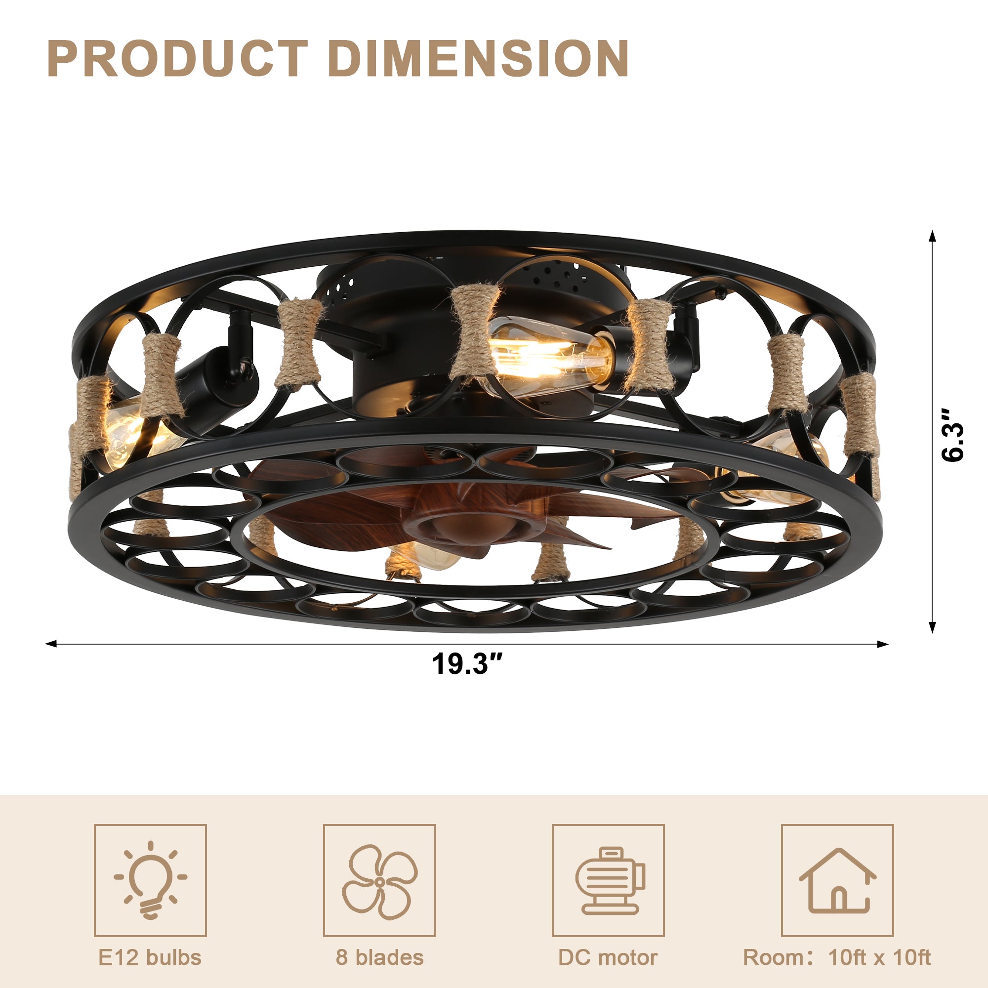 19 Inch Black Farmhouse Flush Mount Ceiling Fan with Lights and Remote, 6 Speeds DC Motor Bladeless Ceiling Fans for Low Profile Ceiling
