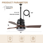 42 Inch Modern Smart Outdoor Ceiling Fan with Dimmable LED Lights,6 Speeds Plug In Waterproof Ceiling Fans for Patios