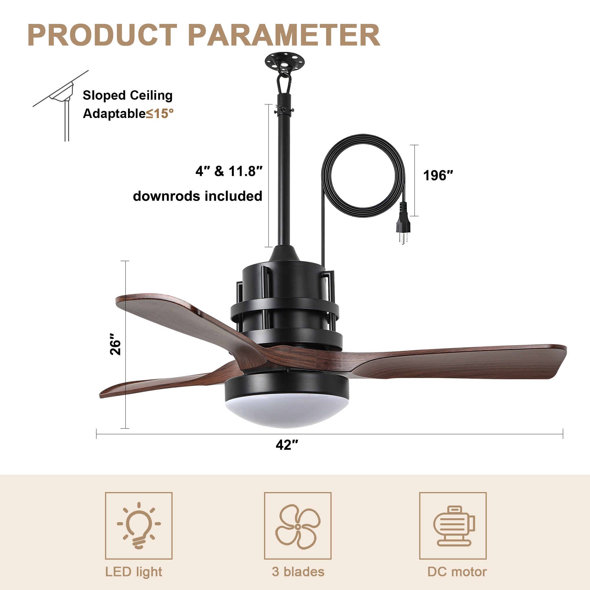 HW4201-GED-BellaDepot 24" Outdoor Modern Farmhouse LED Ceiling Fan with Remote Control, Plug in Ceiling Fan