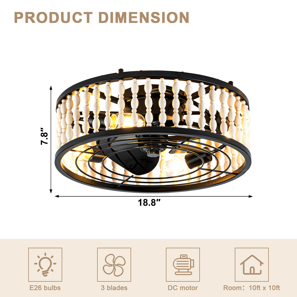 19 Inch Black Farmhouse Flush Mount Ceiling Fan with Lights and Remote Control, 6 Speeds DC Motor Bladeless Ceiling Fan for Bedroom