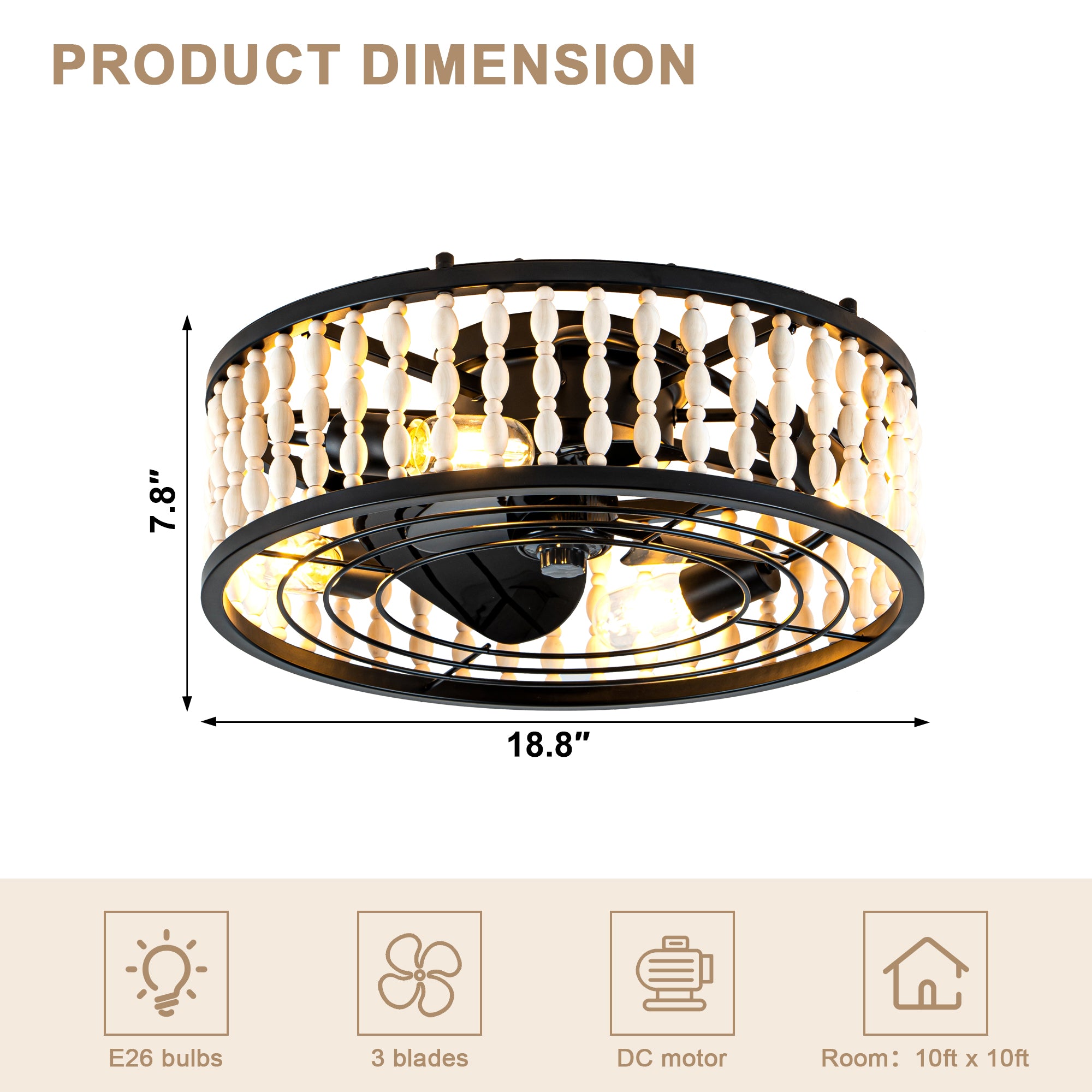19 Inch Black Farmhouse Flush Mount Ceiling Fan with Lights and Remote Control, 6 Speeds DC Motor Bladeless Ceiling Fan for Bedroom