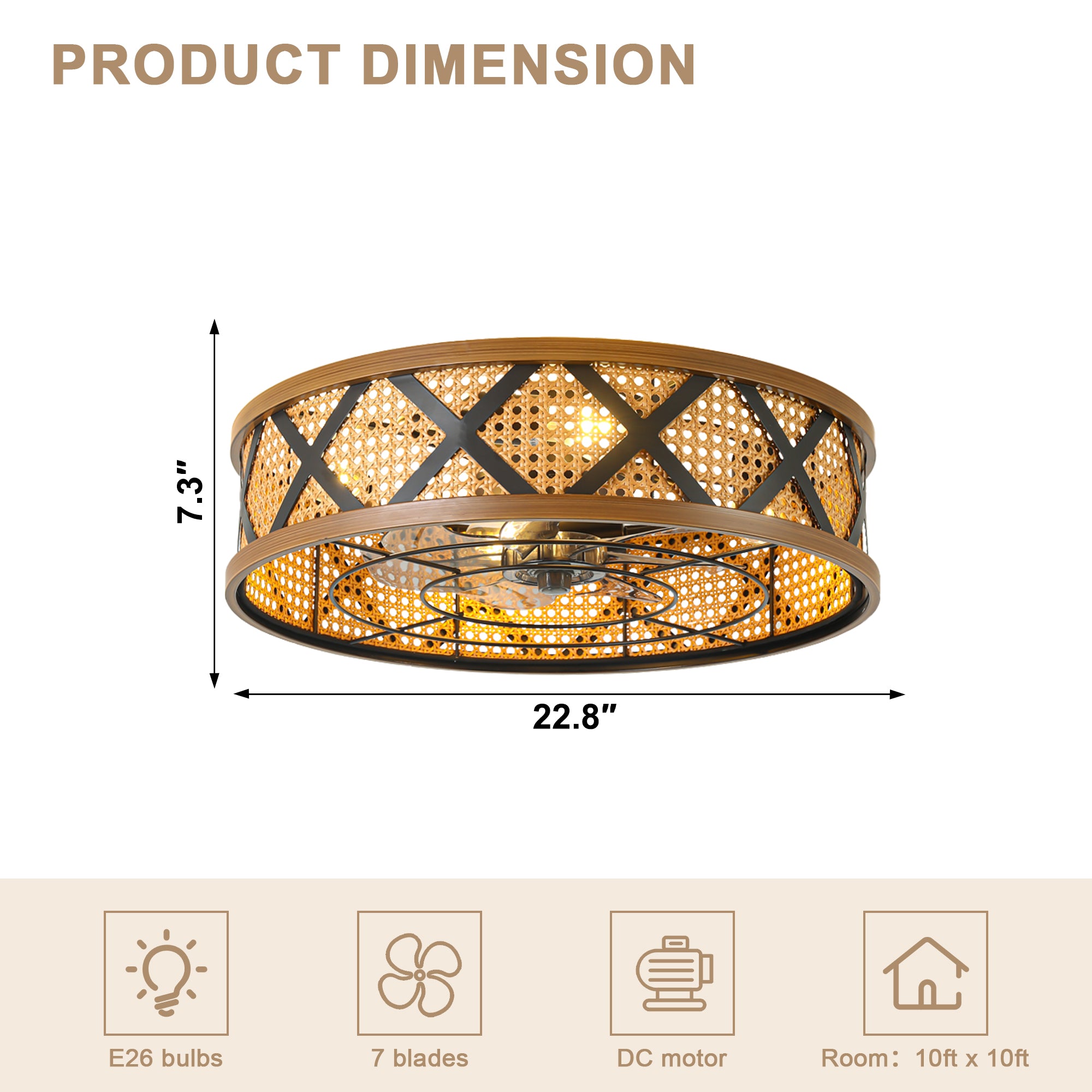 23 Inch Bohemian Rattan Flush Mount Ceiling Fan with Lights and Remote, 6 Speeds DC Motor Farmhouse Low Profile Bladeless Ceiling Fan