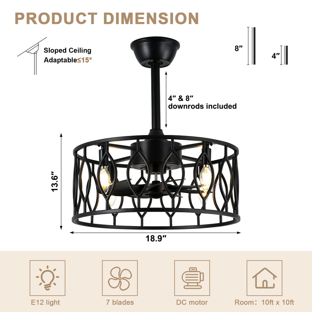 19 Inch Modern Black Caged Ceiling Fan with Lights and Remote Control, 6 Speeds DC Motor Fandelier Bladeless Ceiling Fan