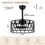 19 Inch Modern Black Caged Ceiling Fan with Lights and Remote Control, 6 Speeds DC Motor Fandelier Bladeless Ceiling Fan