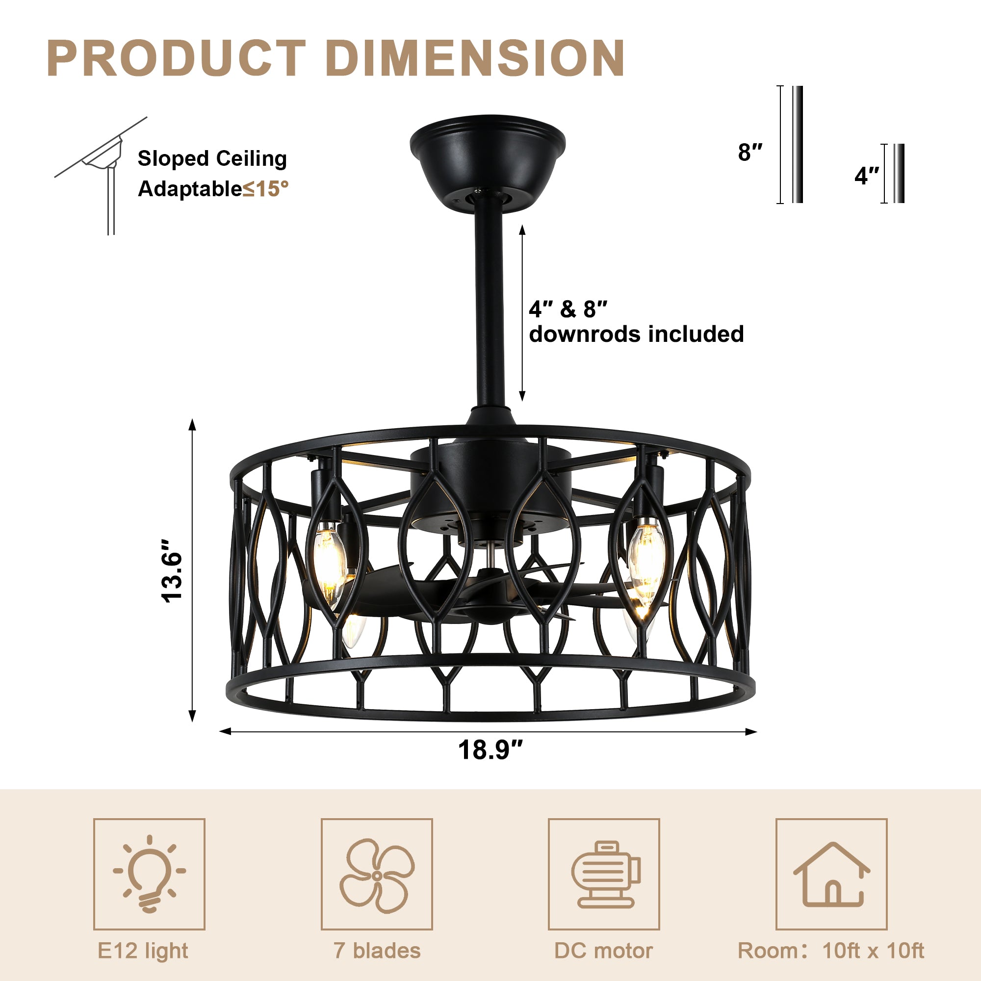 DC252004-BellaDepot 19" Artistic Wrought Iron Cage-Style Mini Ceiling Fan with Lights, Industrial-Style Vintage Creative Home Decor Fan Light