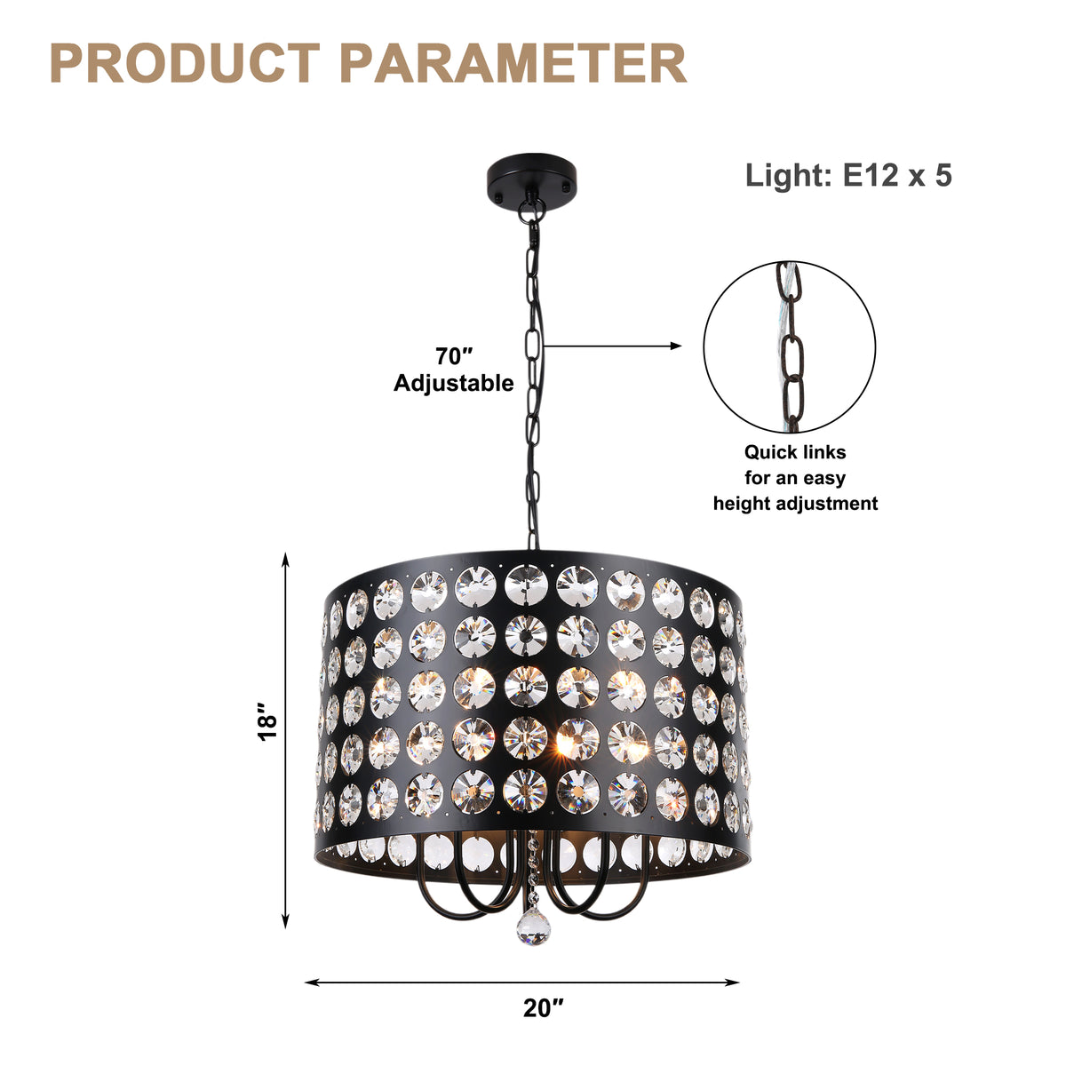 Crystal 20 Inch Metal Caged Chain Chandelier Luxurious  Modern with 5 Light Bulbs Chandelier Adjustable Chain Pendant Light Suit for Bedrooms, Kitchens, Dining Room