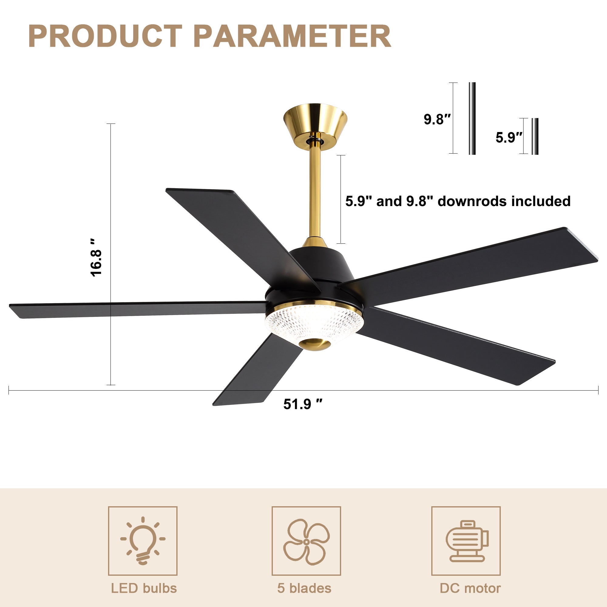 52" Modern Reversible Ceiling Fan with Remote, 5 Wooden Blades, 6-Speed, Dimmable LED Light, Slope Ceiling Compatible