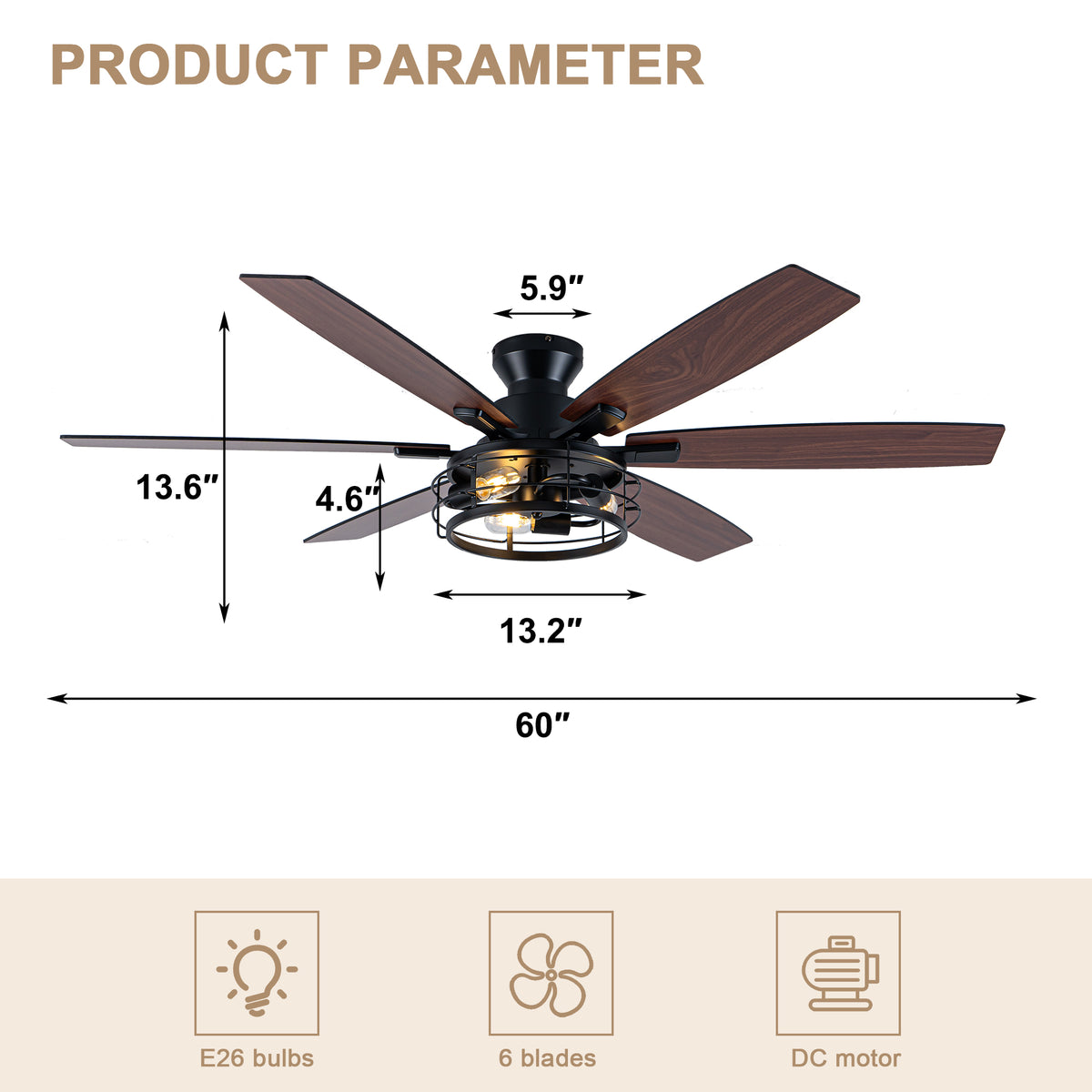 Farmhouse 60 Inch Flush Mount Ceiling Fan with Light Reversible Quiet DC Motor 6 Speed Ceiling Fan with Light Caged Timming Remote Control Ceiling Fan with Light Suit for Bedrooms, Kitchens, Living Rooms