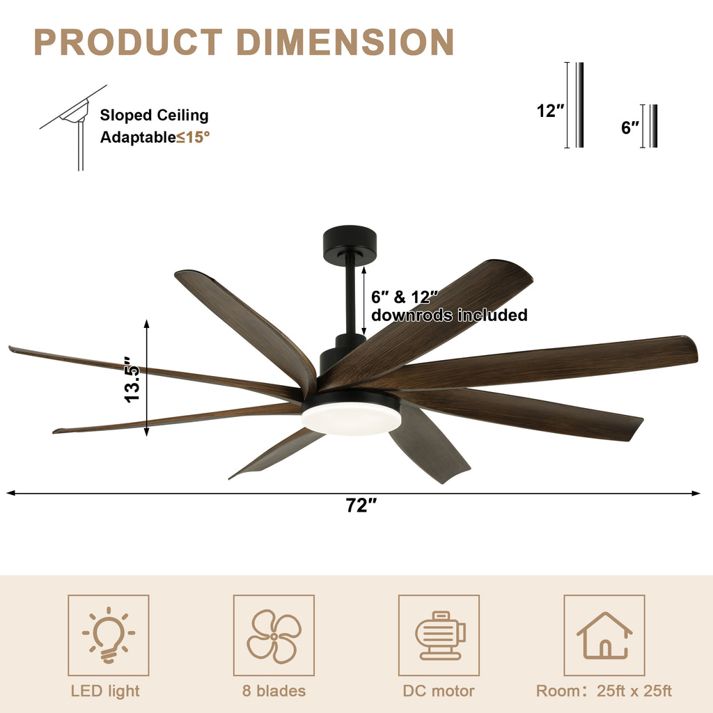 72 Inch Modern Ceiling Fan with LED Light and Remote Control, 6 Speed Reversible DC Motor Large Room Ceiling Fan for Living Room