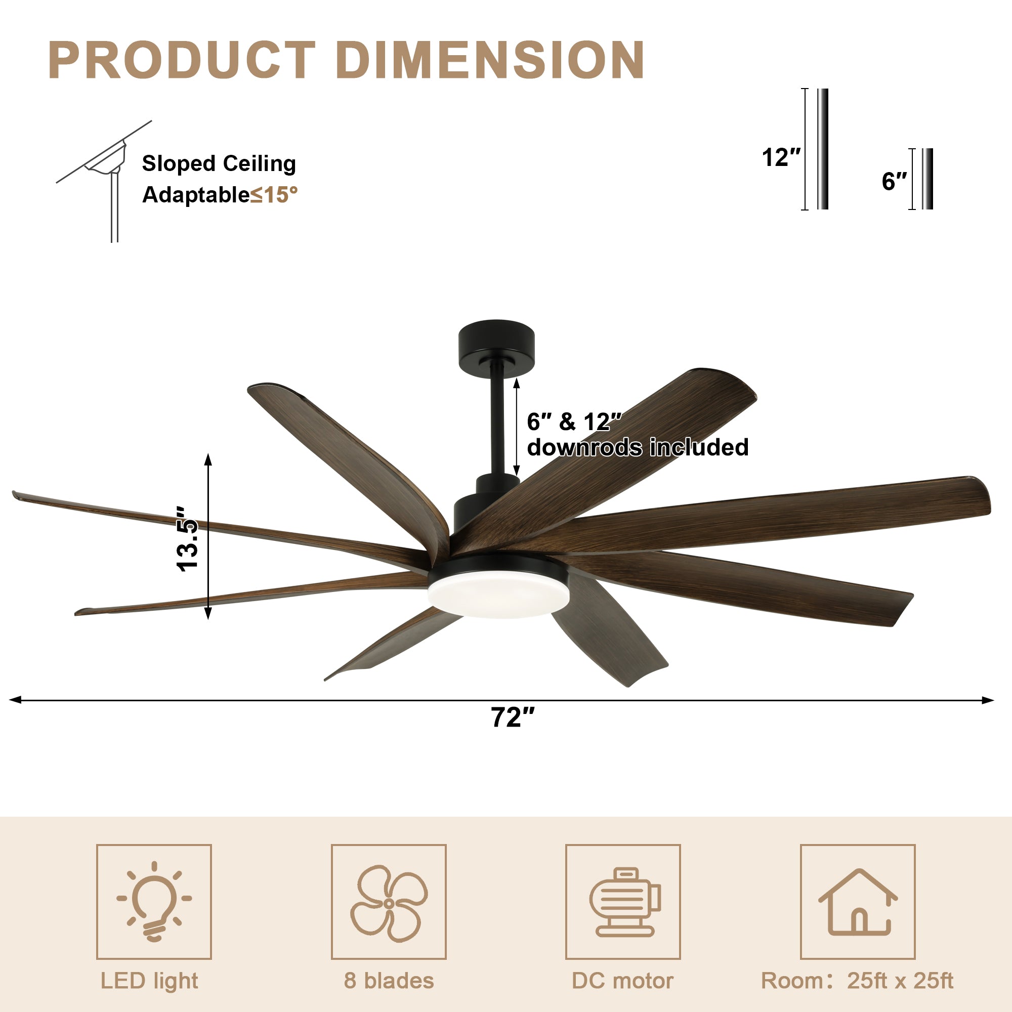 72 Inch Modern Ceiling Fan with LED Light and Remote Control, 6 Speed Reversible DC Motor Large Room Ceiling Fan for Living Room