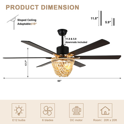BellaDepot 65" Wood Bead Cottage Large Size Ceiling Fan with Remote Control, Silent Motor 6 Speeds Straight Leaf Fan with 3 Lights - DC6508