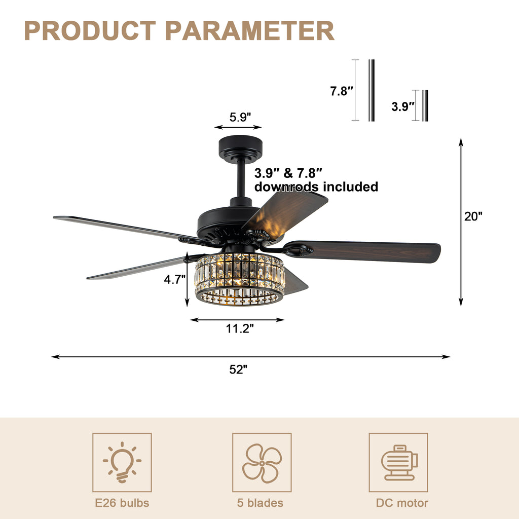 Luxury 52 Inch Crystal Caged Ceiling Fan with Light Reversible Wood Blades Quiet DC Motor Ceiling Fan Remote Control Timing Ceiling Fan Suit for Living Room, Kitchen, Bedroom