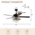 Luxury 52 Inch Crystal Caged Ceiling Fan with Light Reversible Wood Blades Quiet DC Motor Ceiling Fan Remote Control Timing Ceiling Fan Suit for Living Room, Kitchen, Bedroom