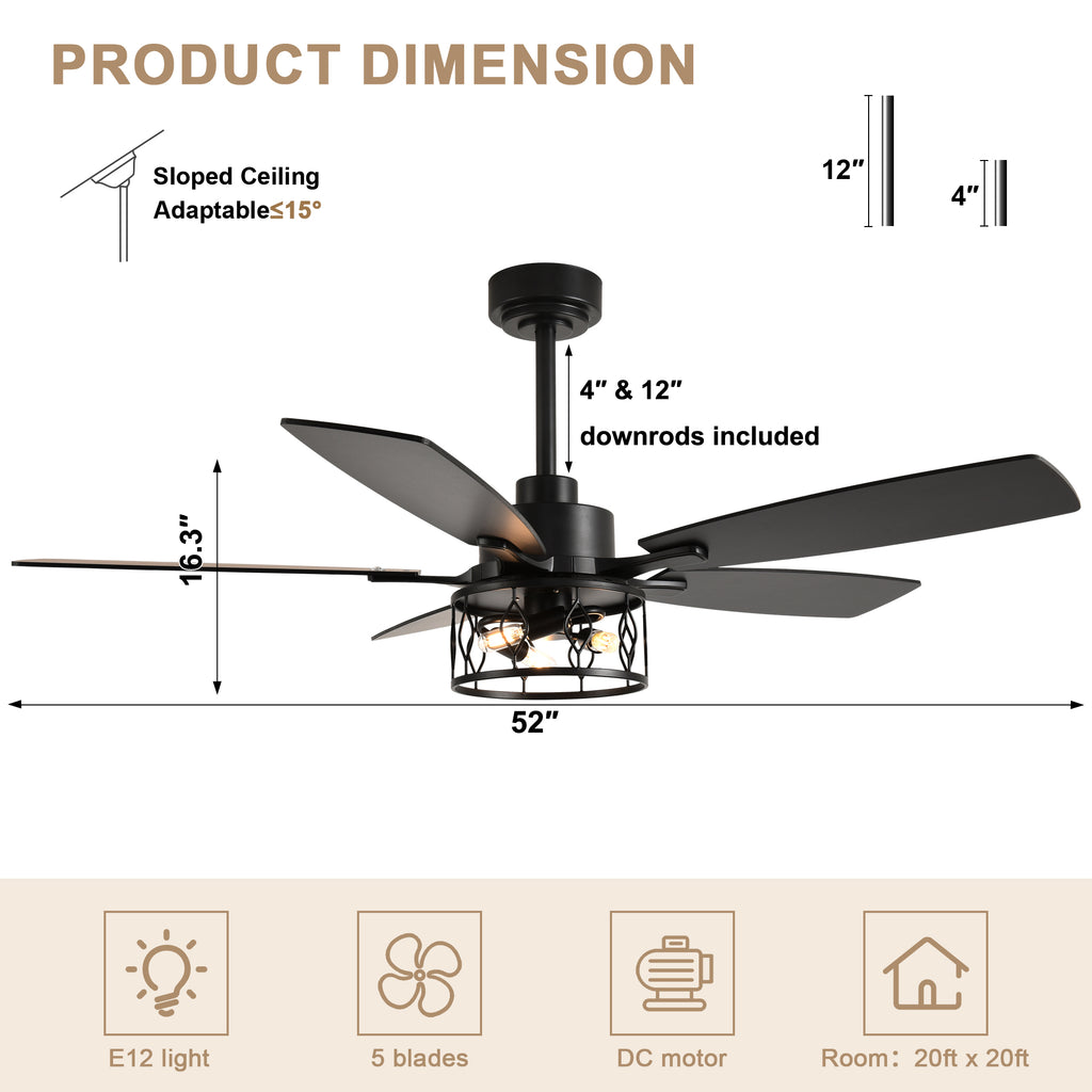 52 Inch Black Modern Ceiling Fan with Lights and Remote Control, 6 Speeds DC Motor Reversible Ceiling Fan for Living Room