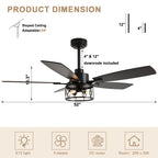 52 Inch Black Modern Ceiling Fan with Lights and Remote Control, 6 Speeds DC Motor Reversible Ceiling Fan for Living Room