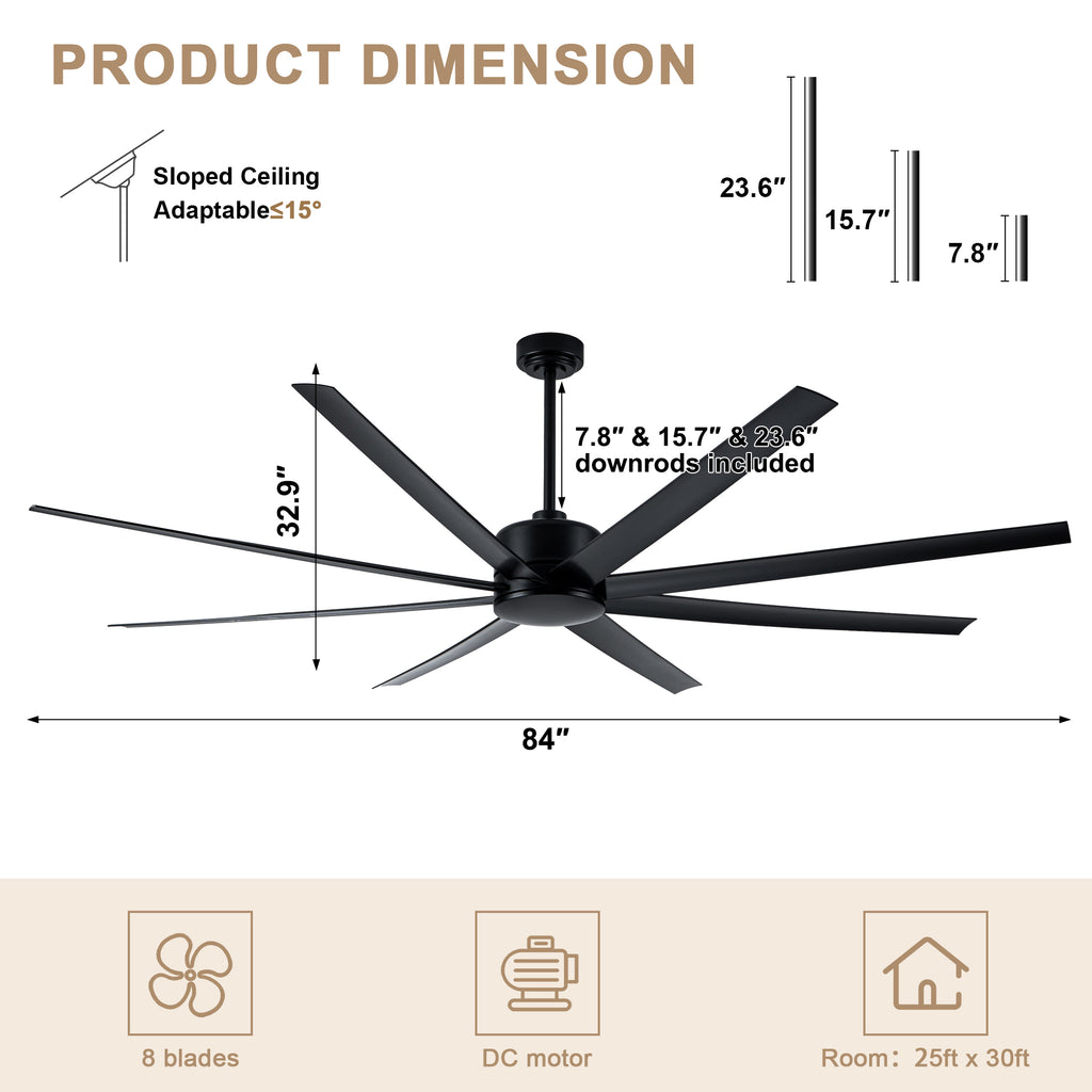 84 Inch Black Extra Large Ceiling Fan with Remote, 6 Speeds DC Motor Reversible Industrial Ceiling Fan for Large Room