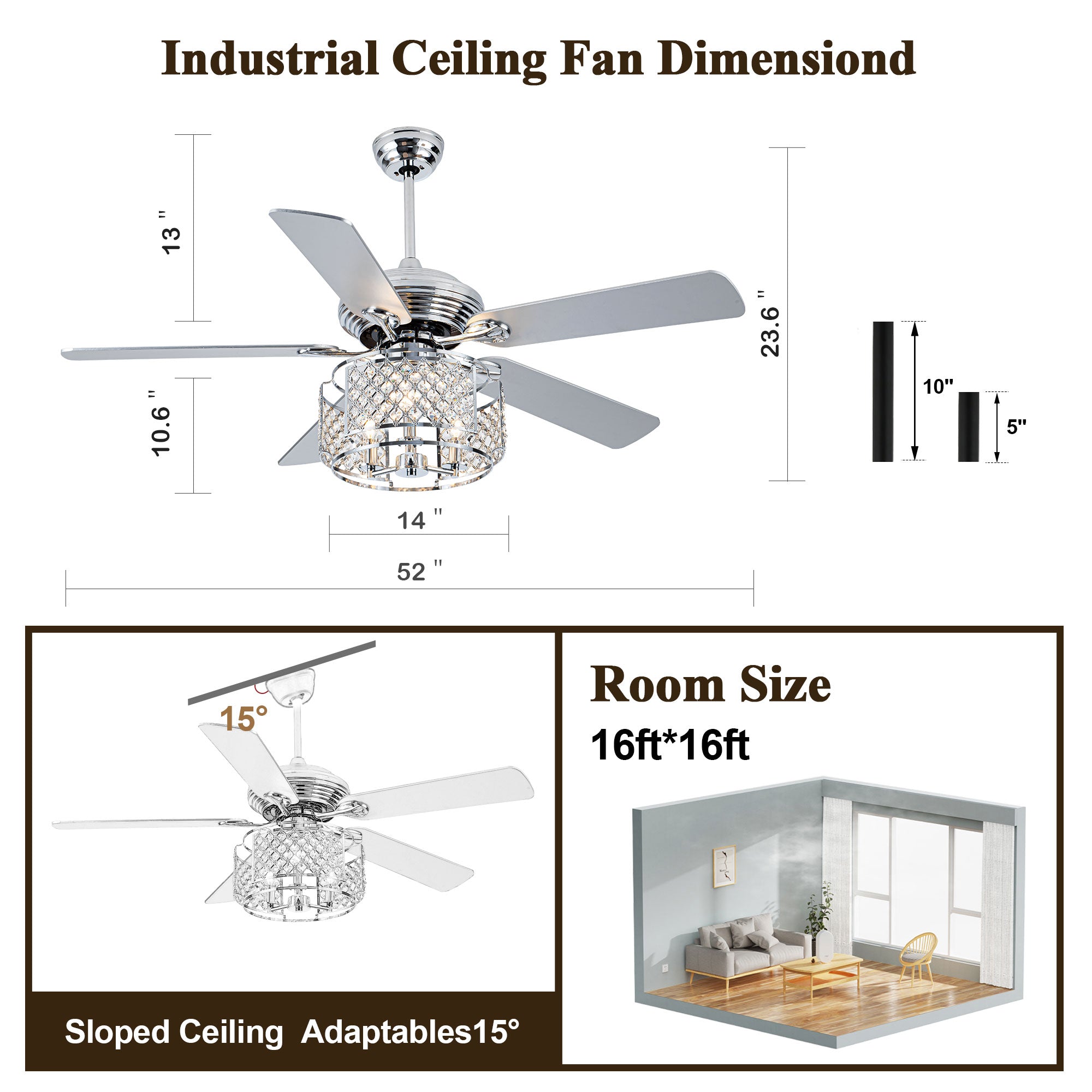 BD2070-BellaDepot 52" Silver Crystal Caged Reversible Ceiling Fan with Remote and 3 Lights, DC Motor Ceiling Fan