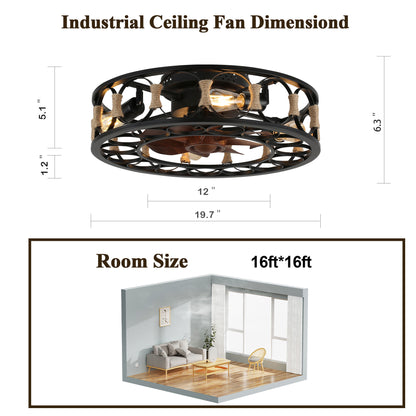 DC2026OA-19.7" Low Profile Flush Mounted Hemp Rope Caged Ceiling Fan with Remote and Lights DC Motor 6 Speeds