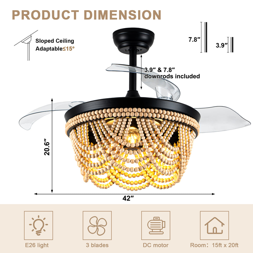 42 Inch Black Bohemian Retractable Ceiling Fan with Lights and Remote, 6 Speeds DC Motor Bladeless Fandelier Ceiling Fan with Wood Beaded Shade