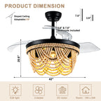 42 Inch Black Bohemian Retractable Ceiling Fan with Lights and Remote, 6 Speeds DC Motor Bladeless Fandelier Ceiling Fan with Wood Beaded Shade