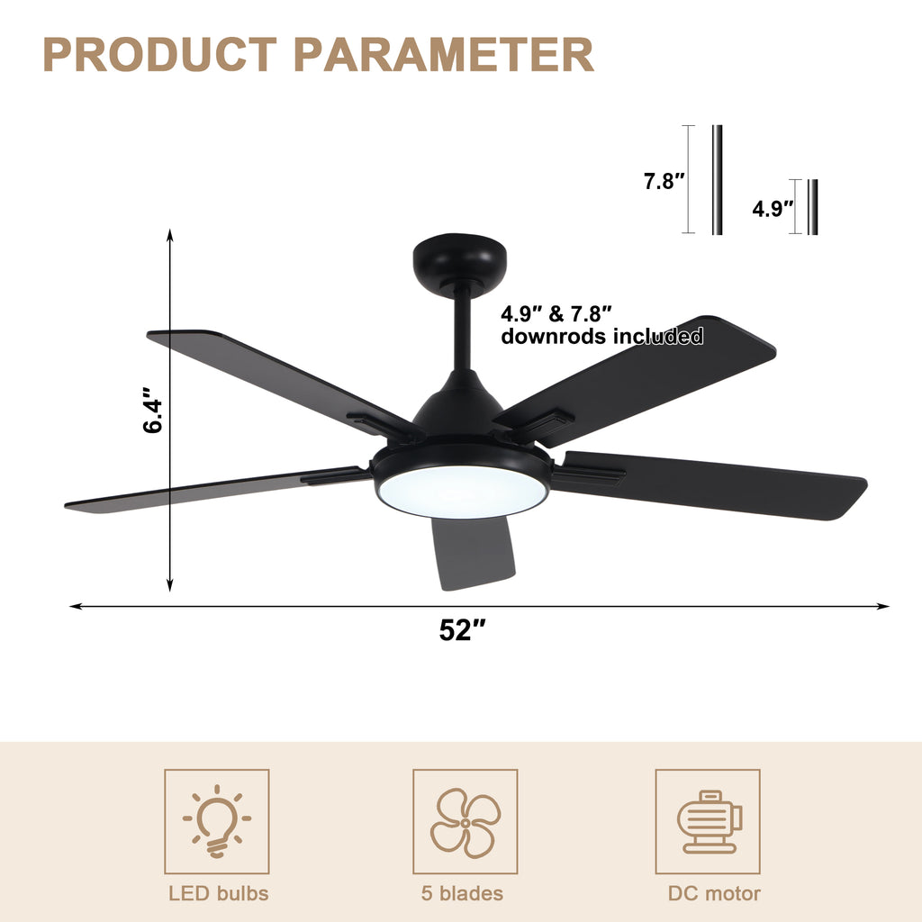 52 Inch Black Modern Ceiling Fan with LED Light, 6-Speed Reversible DC Motor, 5 Dual-Finish Wood Blades, Remote Control, Adjustable Height