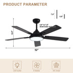 52 Inch Black Modern Ceiling Fan with LED Light, 6-Speed Reversible DC Motor, 5 Dual-Finish Wood Blades, Remote Control, Adjustable Height