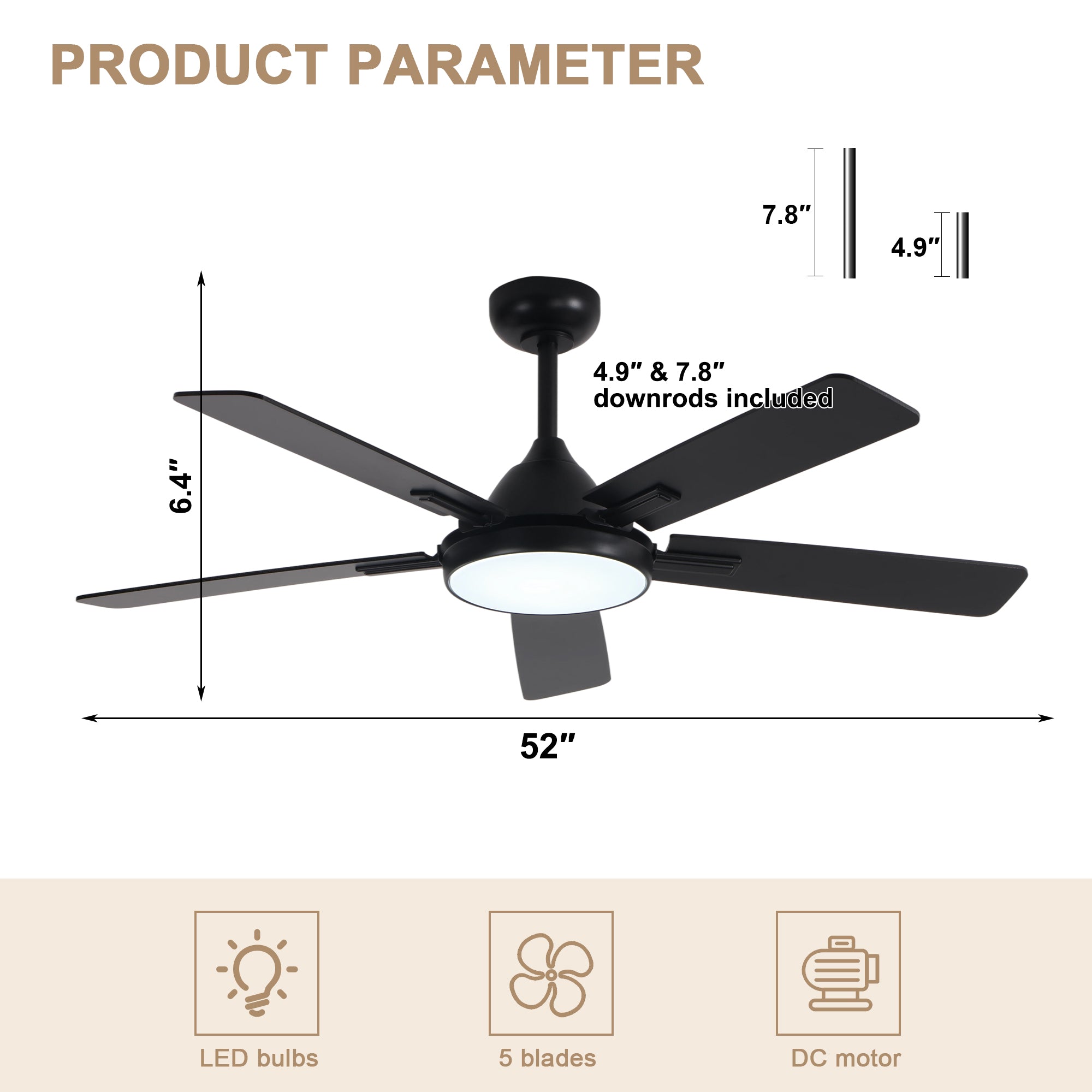 52 Inch Black Modern Ceiling Fan with LED Light, 6-Speed Reversible DC Motor, 5 Dual-Finish Wood Blades, Remote Control, Adjustable Height