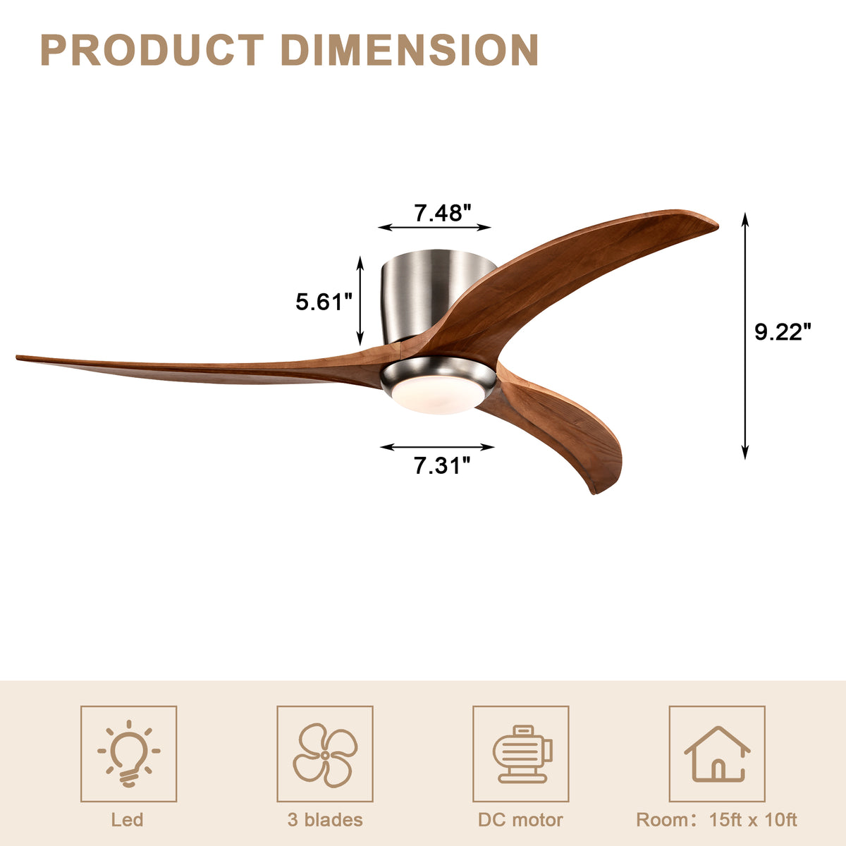 Farmhouse 52 Inch Flush Mount Ceiling Fan with LED Light Quiet DC Motor Ceiling Fan with Light 6-Speed Remote Control Ceiling Fan with Light Suit for Bedrooms, Living Rooms, Kitchens