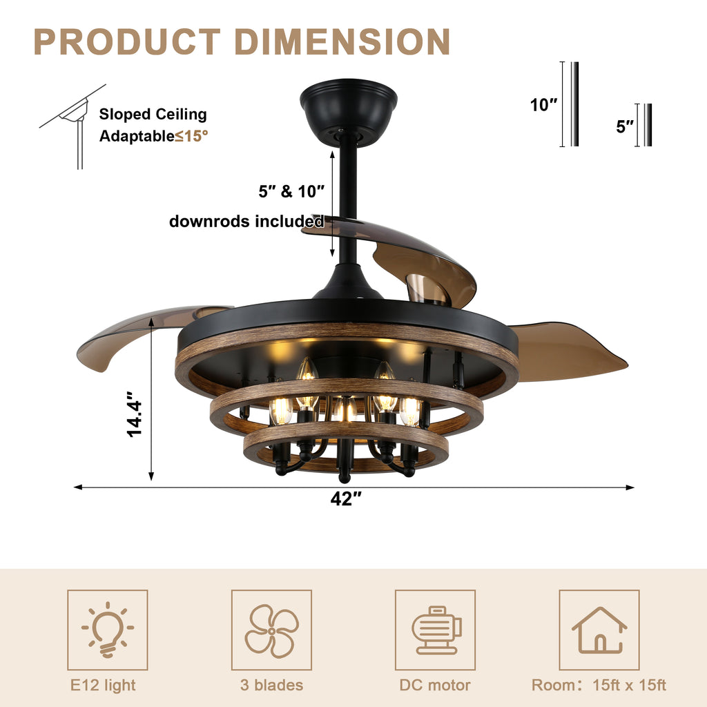 42 Inch Black Farmhouse Retractable Ceiling Fan with Lights and Remote Control, 6 Speeds Reversible Fandelier Ceiling Fan with DIY Shade