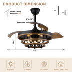 42 Inch Black Farmhouse Retractable Ceiling Fan with Lights and Remote Control, 6 Speeds Reversible Fandelier Ceiling Fan with DIY Shade