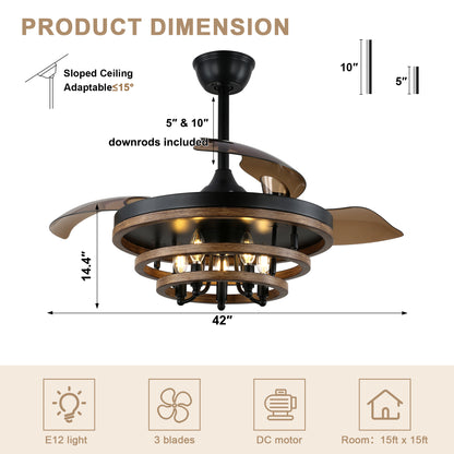 BellaDepot 42" Farmhouse Industrial Brown Retractable Ceiling Fan with Remote Control, Invisible Blades Ceiling Fan with Lights - DC4266