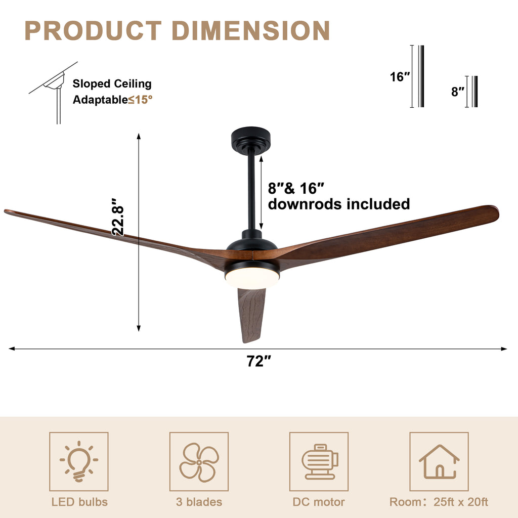 72 Inch Modern Farmhouse Extra Large Ceiling Fan with Dimmable LED Light and Remote, 6 Speeds DC Motor Reversible Ceiling Fan for Large Room