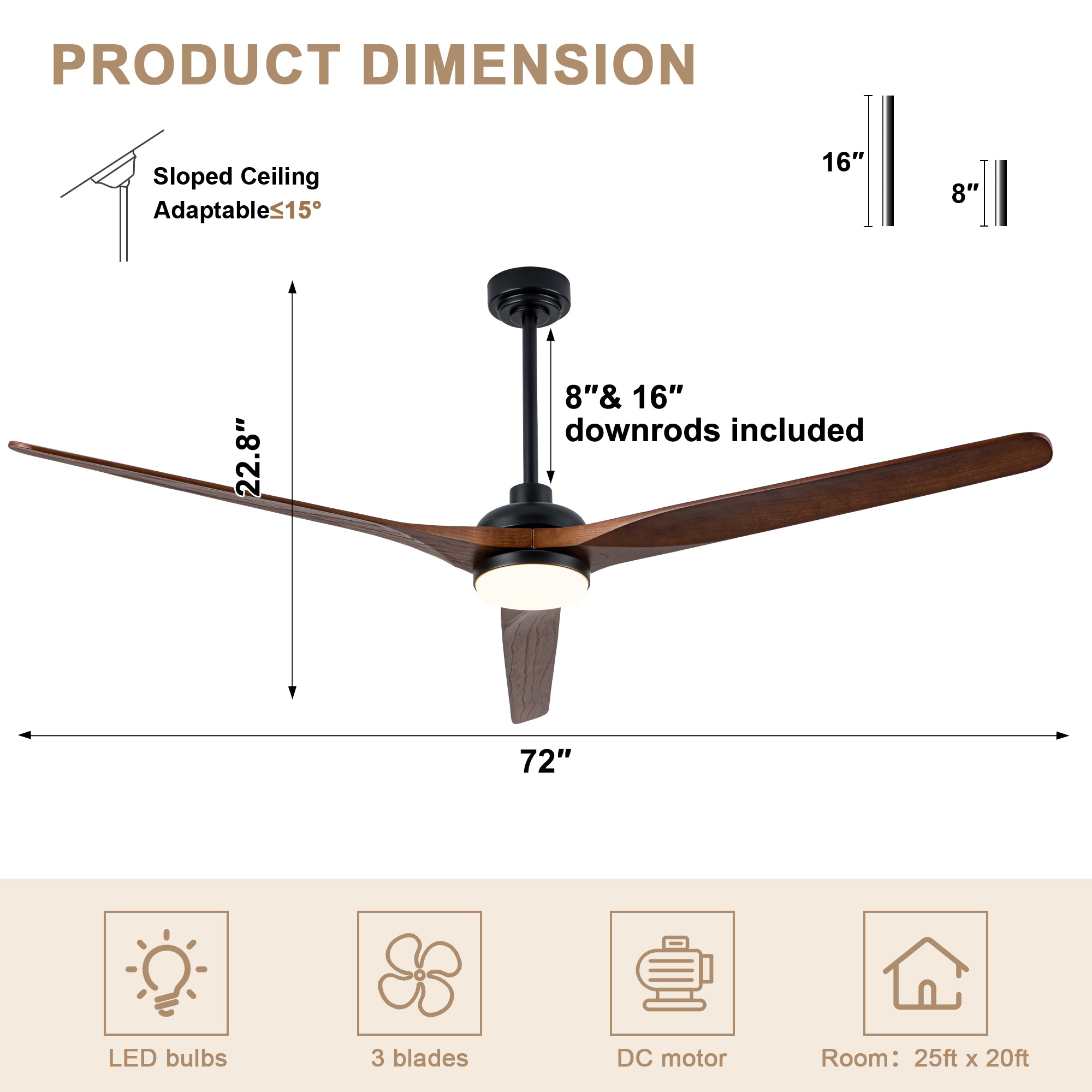 72 Inch Modern Farmhouse Extra Large Ceiling Fan with Dimmable LED Light and Remote, 6 Speeds DC Motor Reversible Ceiling Fan for Large Room