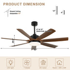 60 Inch 6-Blade Black Farmhouse Large Ceiling Fan with LED Lights and Remote Control, 6 Speeds Reversible Ceiling Fan