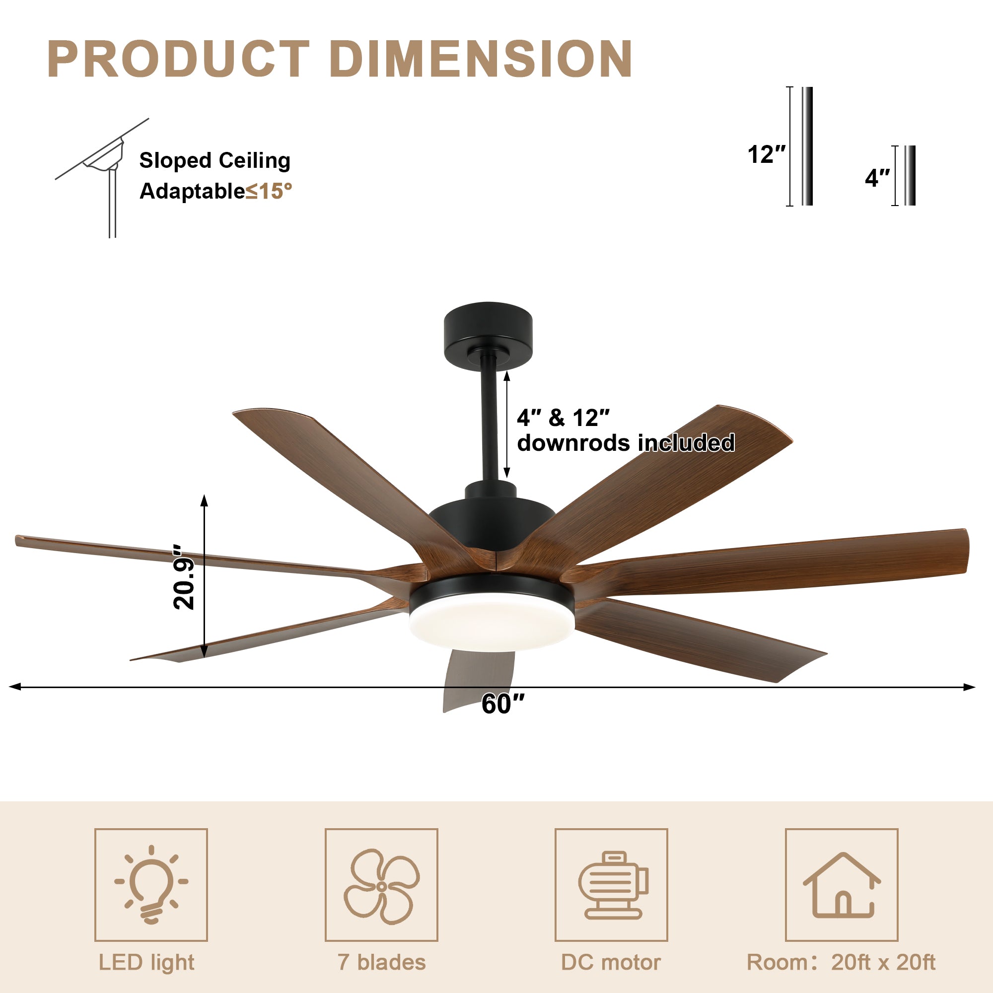 60 Inch 6-Blade Black Farmhouse Large Ceiling Fan with LED Lights and Remote Control, 6 Speeds Reversible Ceiling Fan