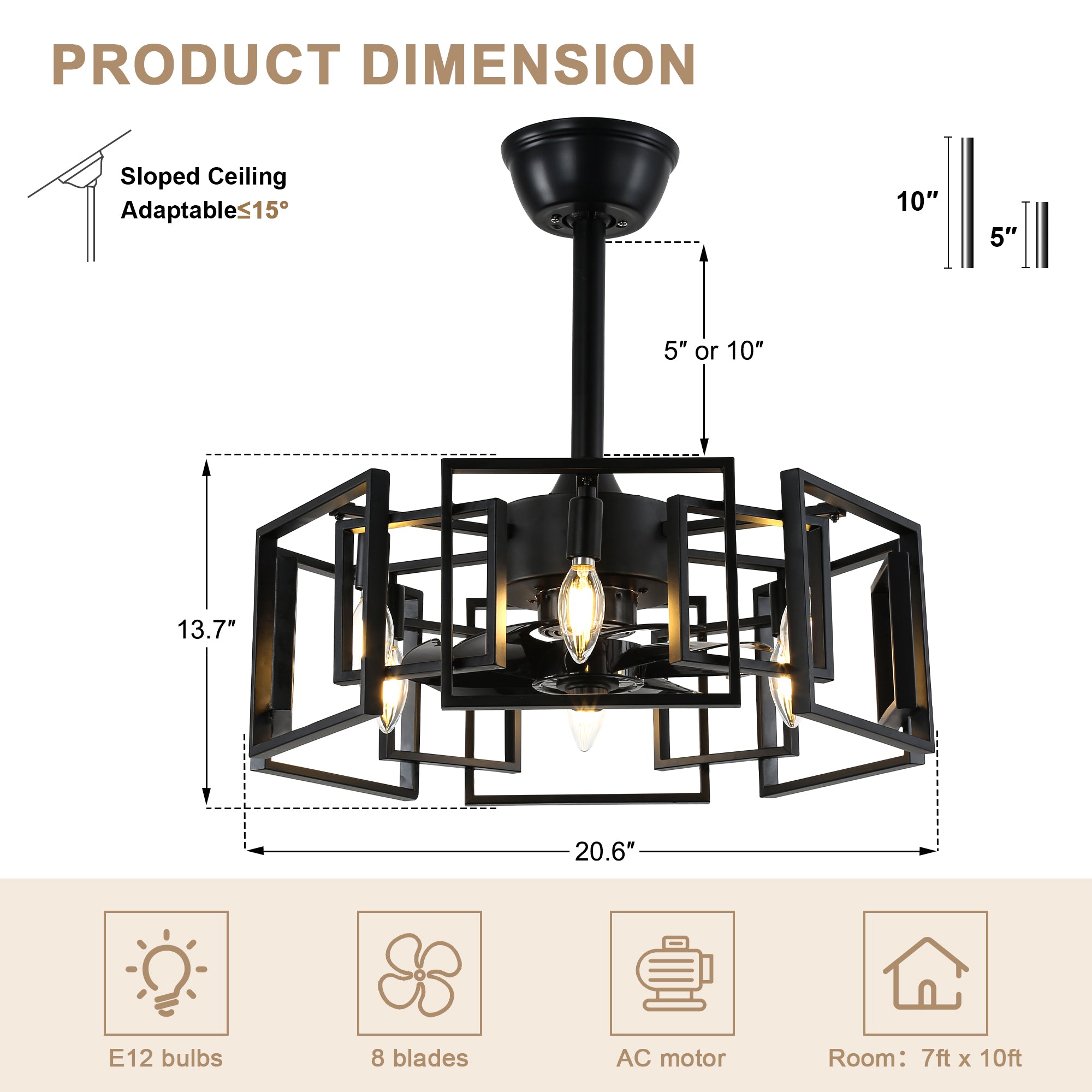 DC2032-BellaDepot 20.6" Industrial Reversible Ceiling Fan with Remote and 6 Lights, DC Motor 6 Speeds Ceiling Fan