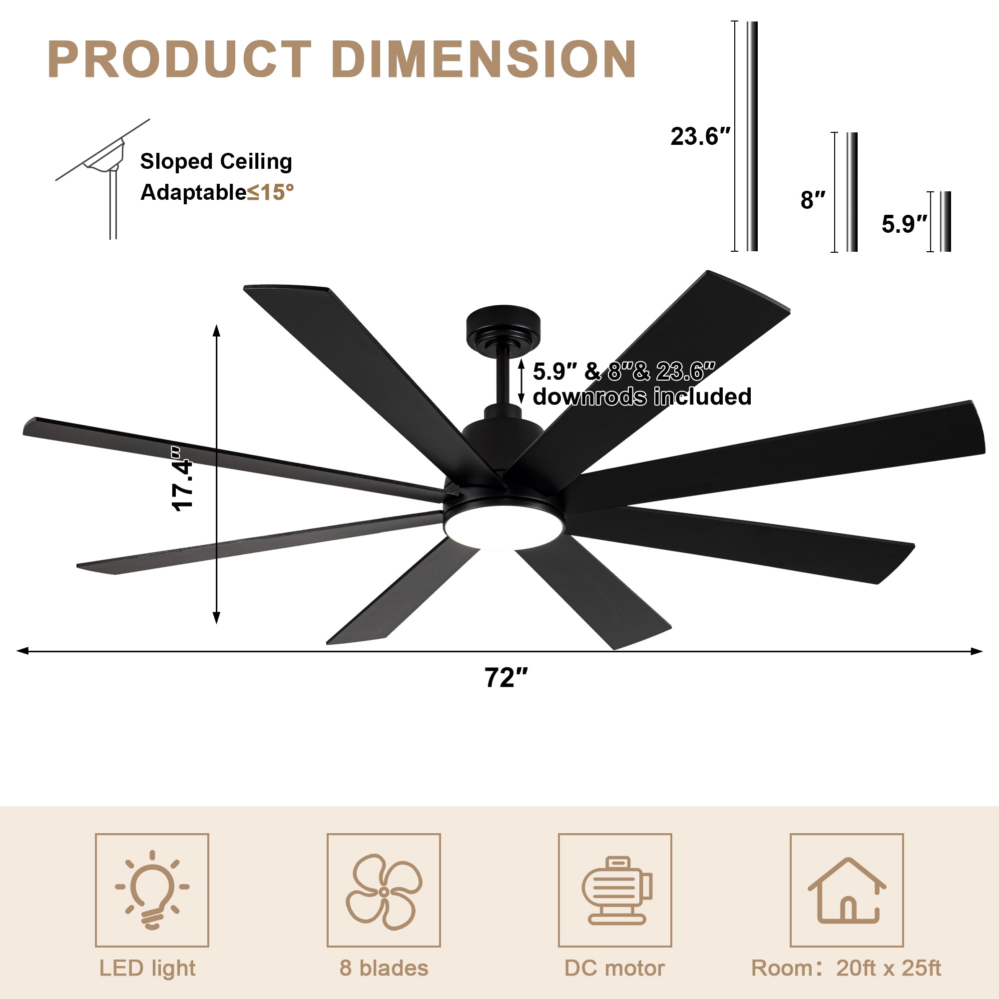 72 Inch Black Extra Large Ceiling Fan with Dimmable LED Light and Remote, 6-Speed Reversible DC Motor Ceiling Fan for Large Rooms, Dual-Finish Blades, Adjustable Height