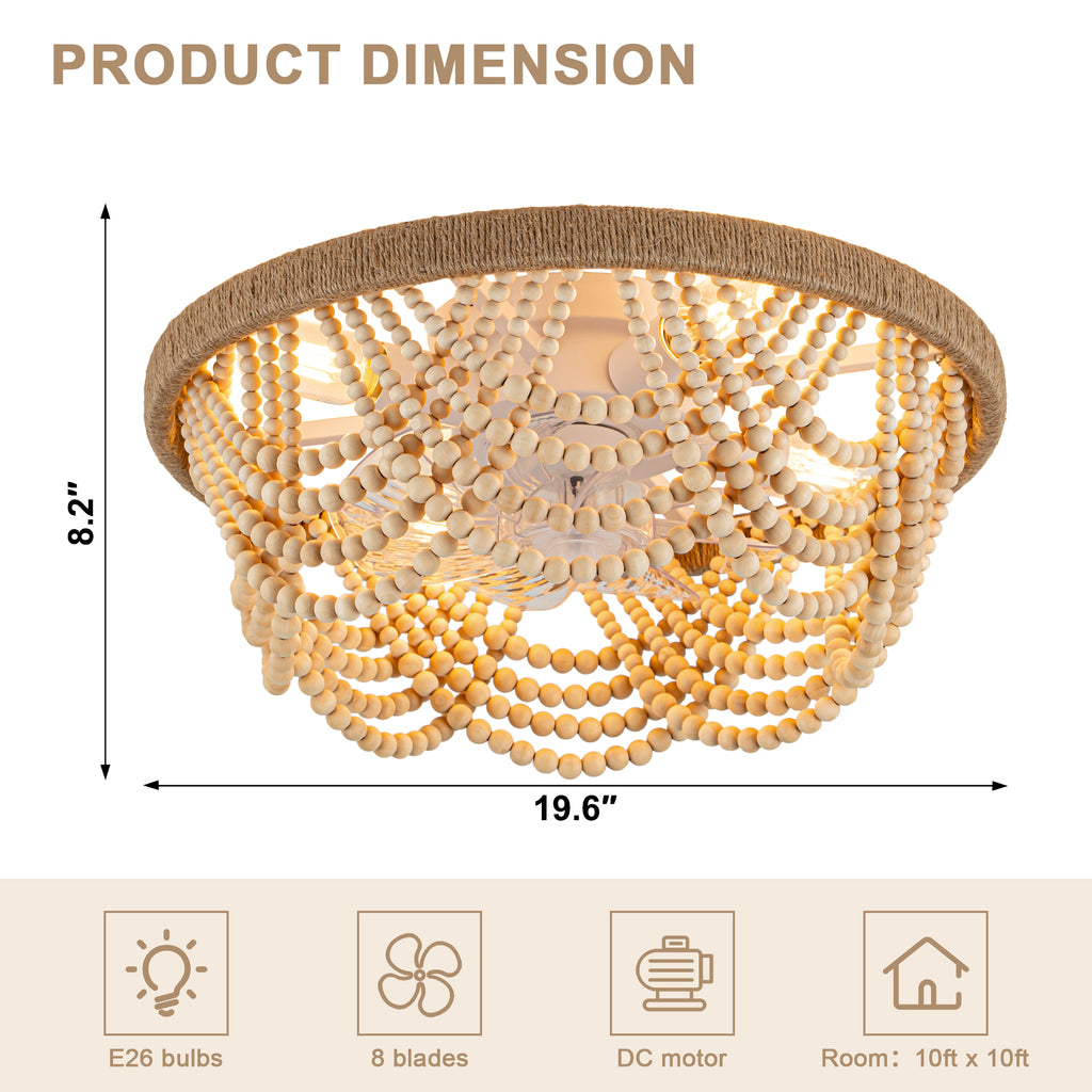 20 Inch Bohemian Flush Mount Ceiling Fan with Lights and Remote, 6 Speeds DC Motor Bladeless Low Profile Ceiling Fan for Bedroom