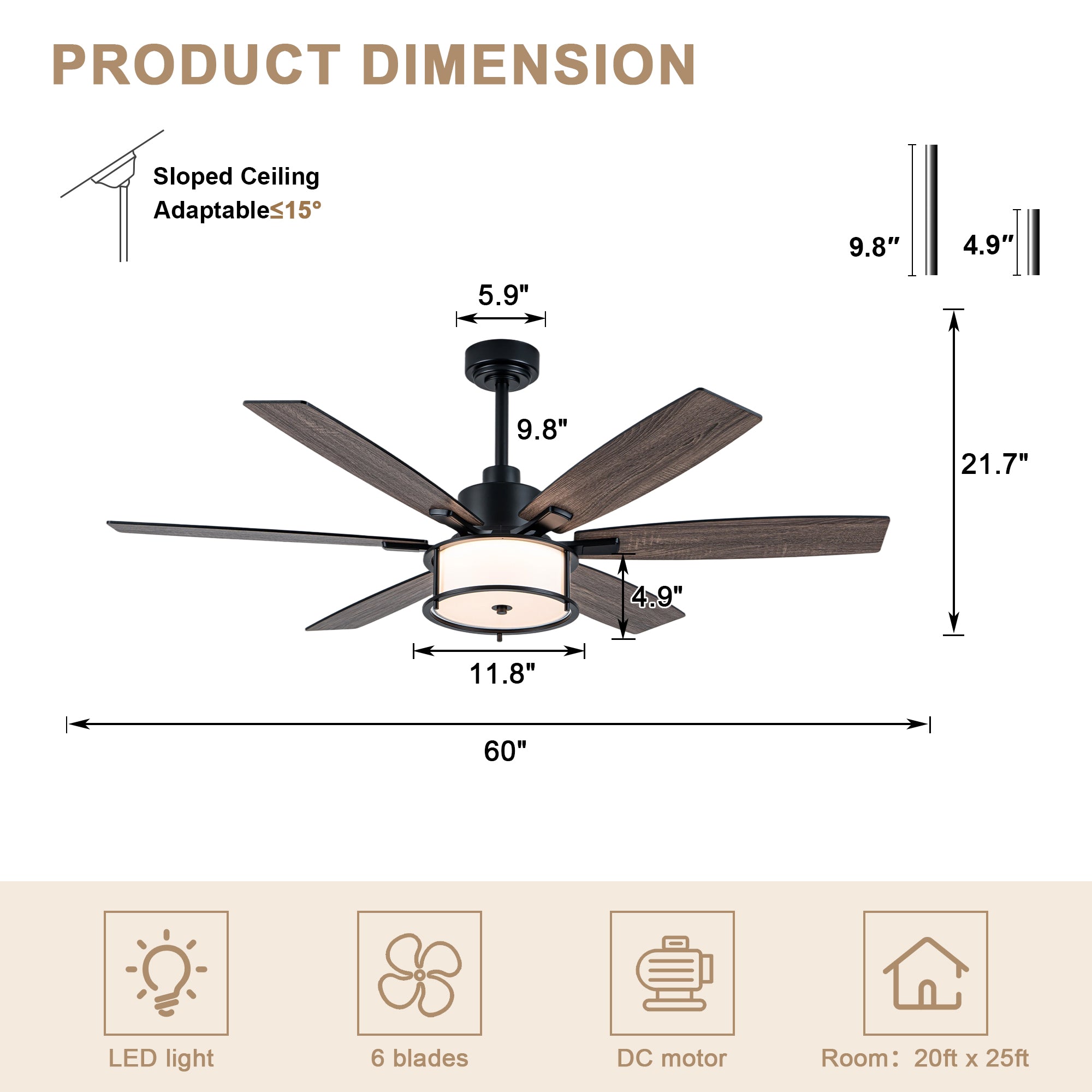 60 Inch Black Farmhouse Large Ceiling Fan with Dimmable 3CCT LED Light and Remote, 6 Speeds DC Motor Reversible Ceiling Fan for Large Rooms