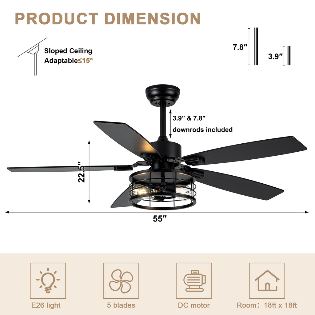 52 Inch Industrial Metal Caged Ceiling Fan with Lights and Remote Control, Silent DC Motor Fan for All Seasons