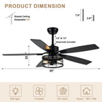52 Inch Industrial Metal Caged Ceiling Fan with Lights and Remote Control, Silent DC Motor Fan for All Seasons