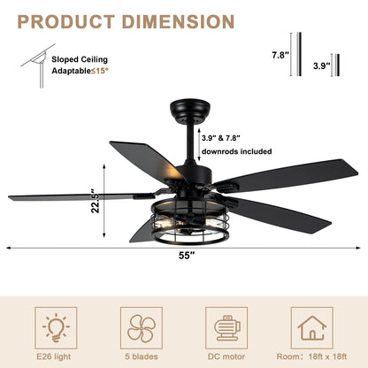 MD-FS8930XL-BellaDepot 52" Industrial Metal Caged Fan Lights with Remote Control, Silent DC Motor Ceiling Fan for Any Seasons