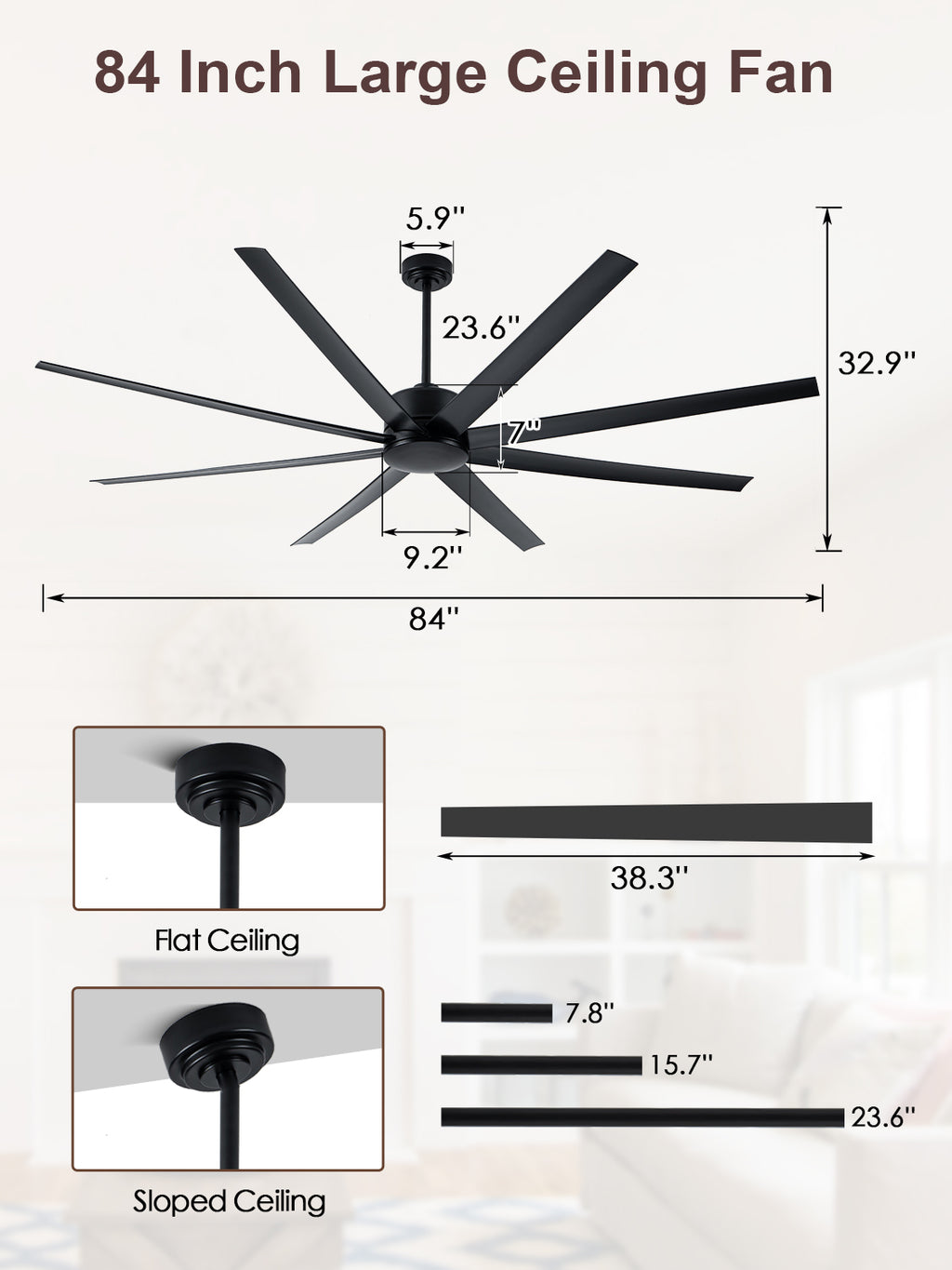 84 Inch Black Extra Large Ceiling Fan with Remote, 6 Speeds DC Motor Reversible Industrial Ceiling Fan for Large Room