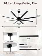 84 Inch Black Extra Large Ceiling Fan with Remote, 6 Speeds DC Motor Reversible Industrial Ceiling Fan for Large Room
