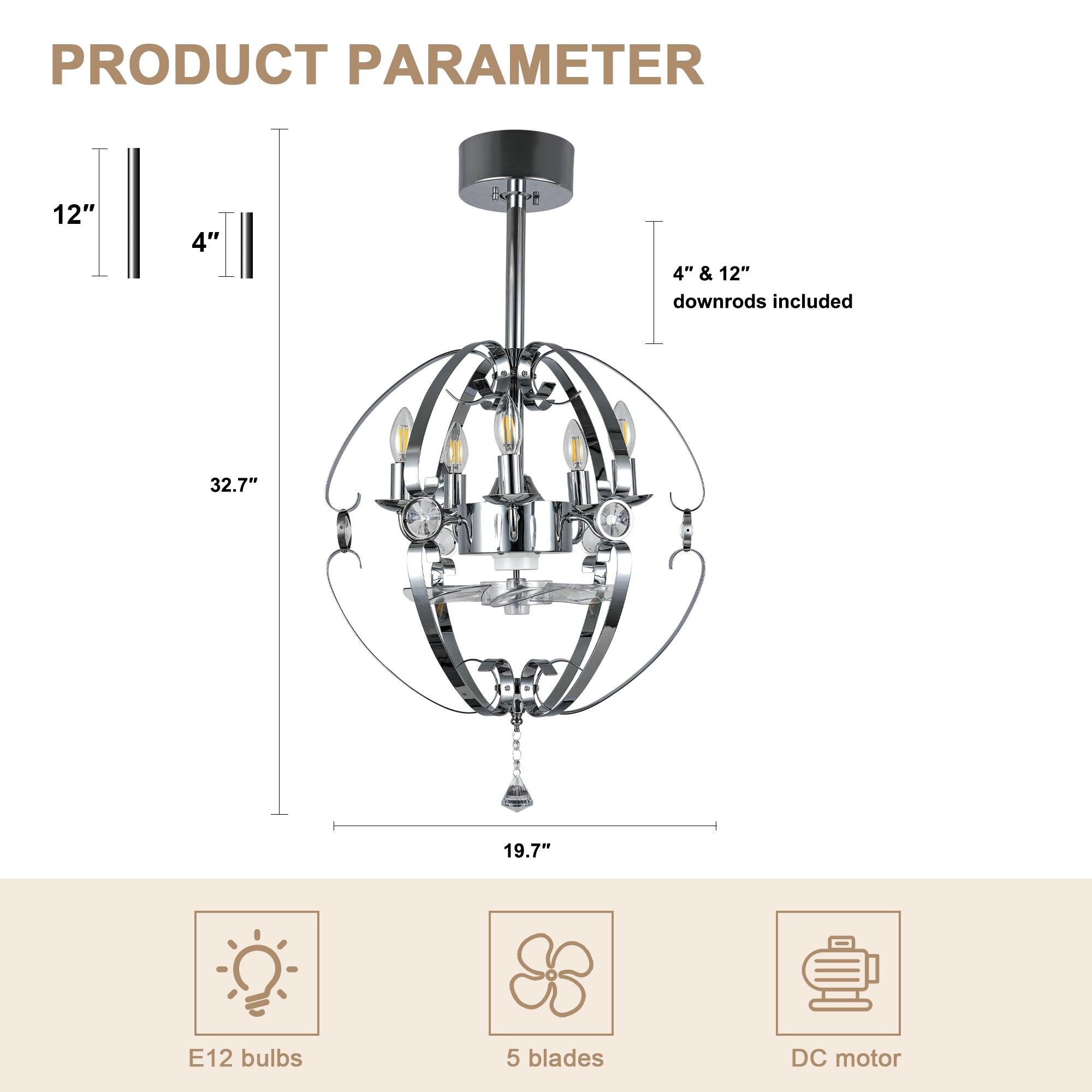DC2031-BellaDepot 19.7" Silver Finish Luxury Crystal Reversible Ceiling Fan with Remote and 5 Lights, 6-Speed Ceiling Fan