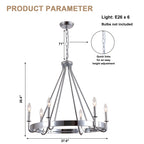 6 - Light Chrome Farmhouse Wagon Wheel Chandelier,  28 Inch Industrial Rustic Vintage Round Kitchen Island Pendant Light for Dining Room